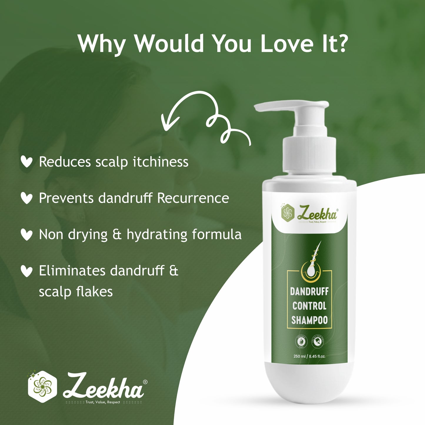 ZEEKHA Anti Dandruff Shampoo | Reduces Up to 100% Dandruff and Strengthens Hair result in 6-8 wash  | Derma Approved Shampoo with Salicylic & Biotin | Shampoo For All Hair types | For Women And Men | 250ml