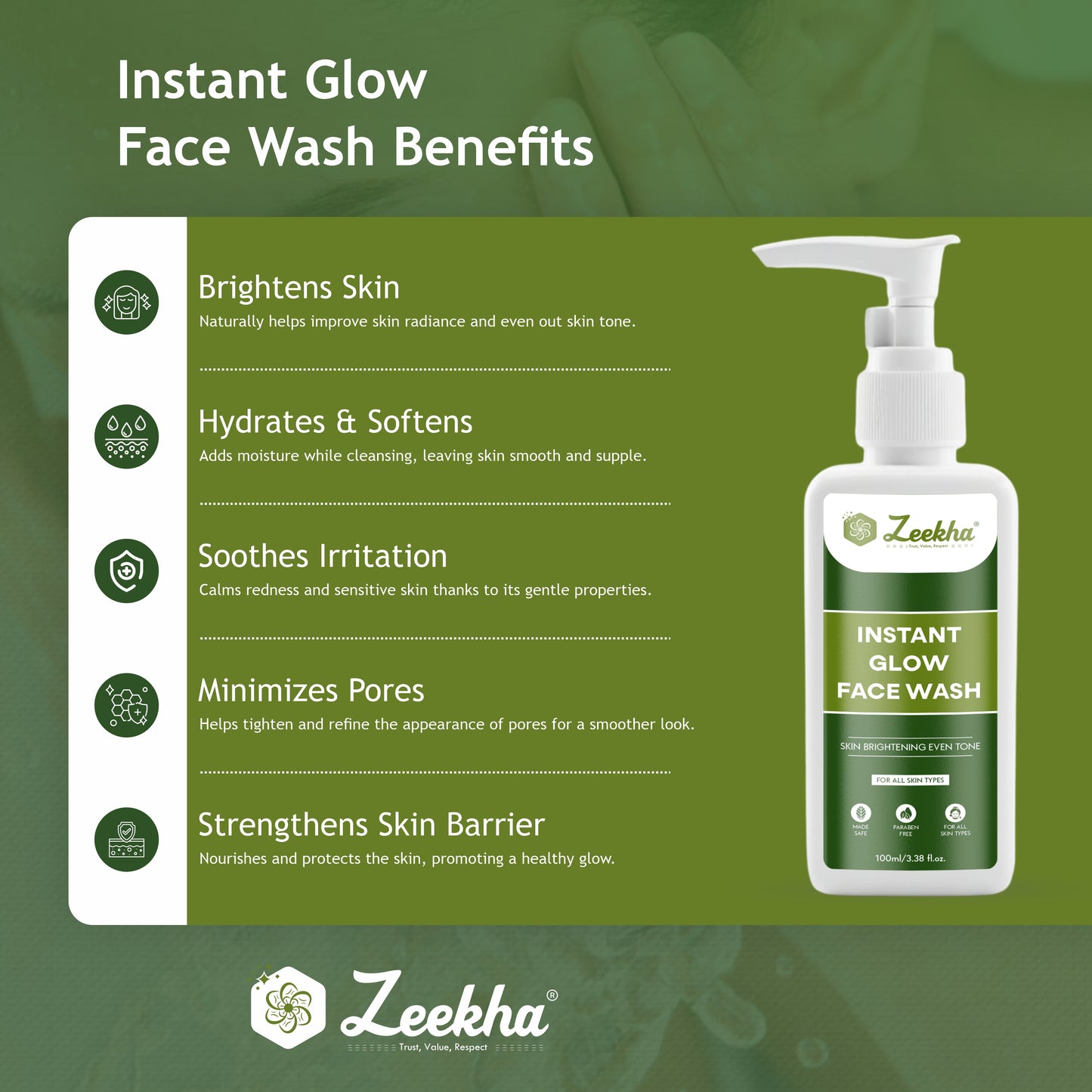 ZEEKHA Instant Glow Face Wash, Skin Lightening & Tan Removal Face wash,Oil Controal & Remove Pigmentation , Tan Removal Face Wash, All Skin Types Face Wash 100ml(Pack of 1)