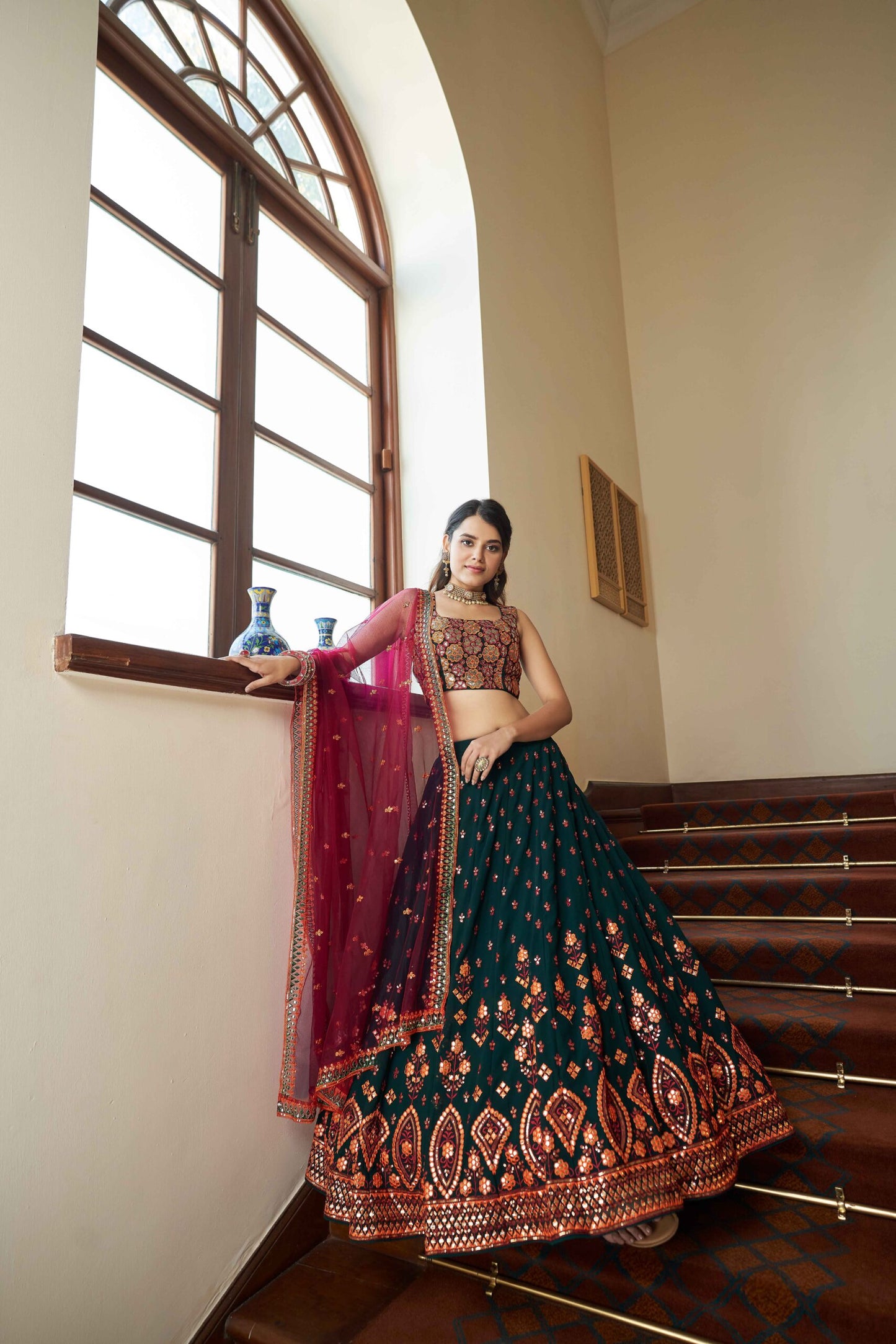 Green Georgette Thread With Bridal Embroidered Lehenga Choli