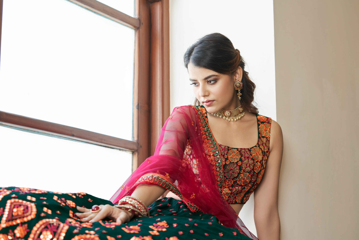 Green Georgette Thread With Bridal Embroidered Lehenga Choli