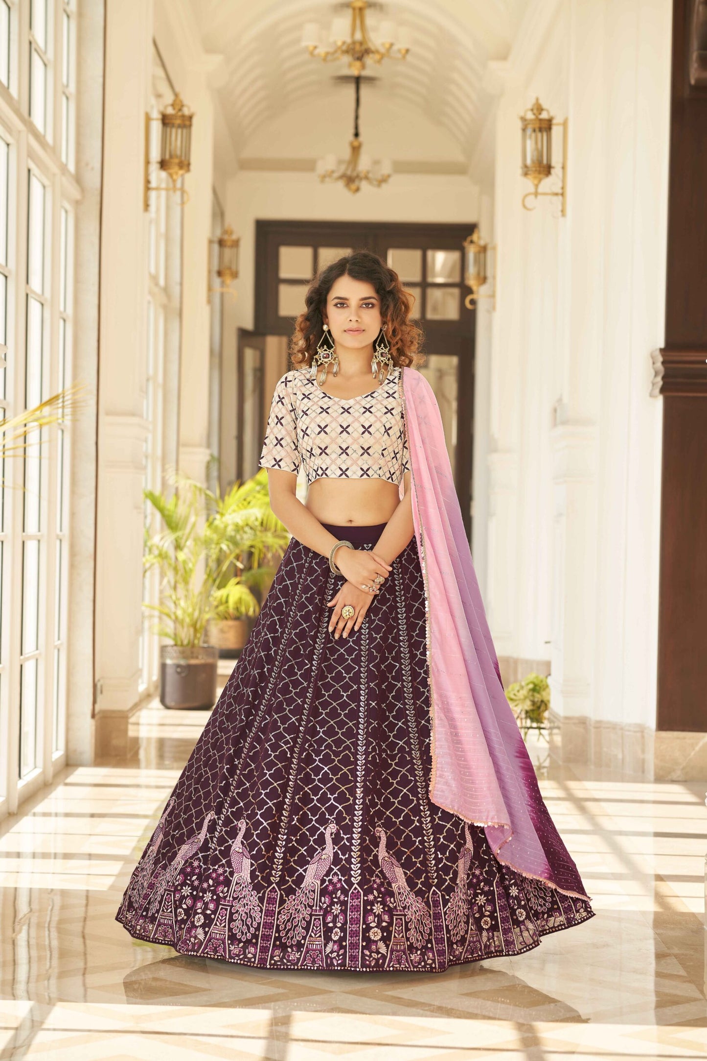 Purple Georgette Thread With Sequince Embroidered Lehenga Choli