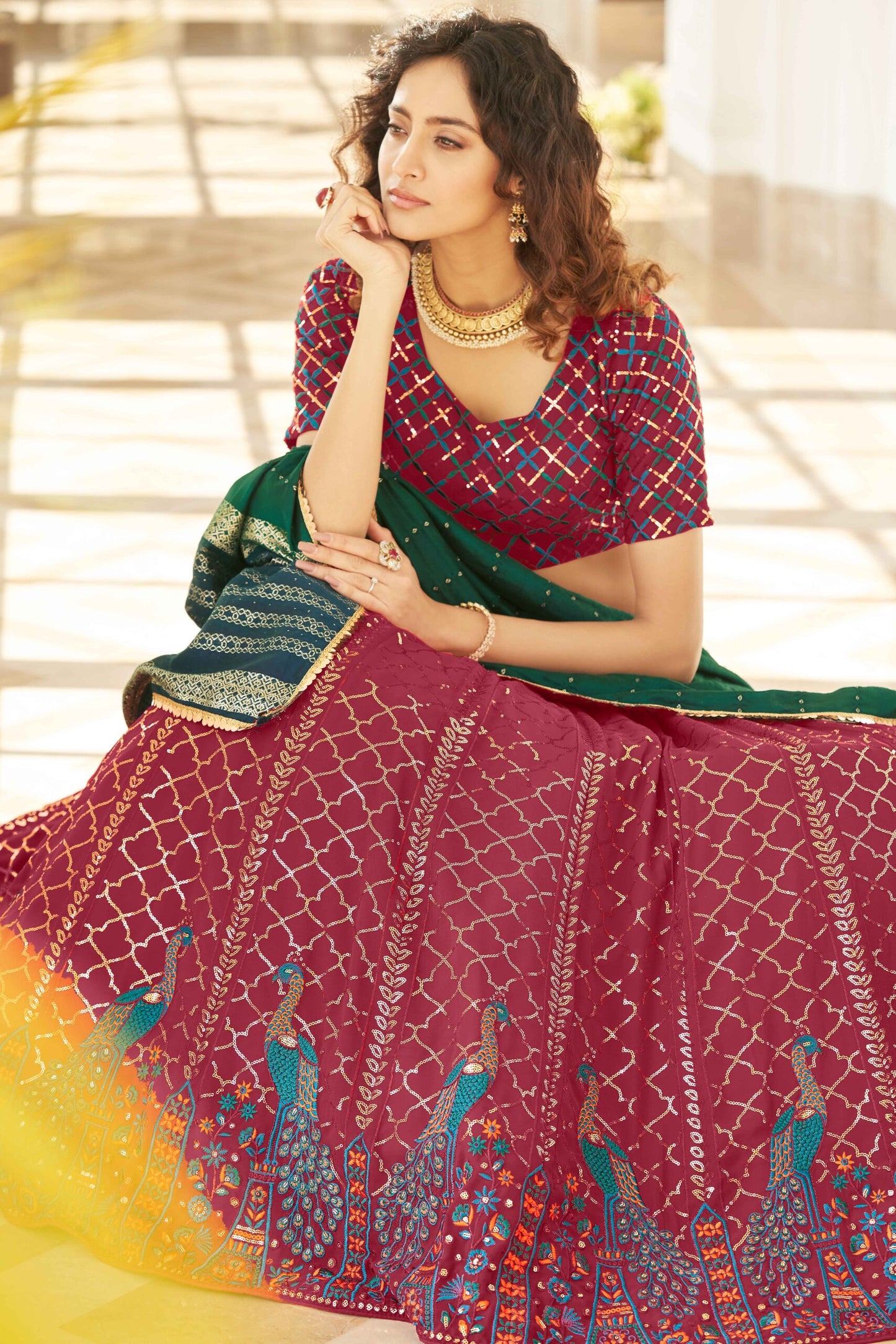 Deep Pink Georgette Thread With Sequince Embroidered Lehenga Choli