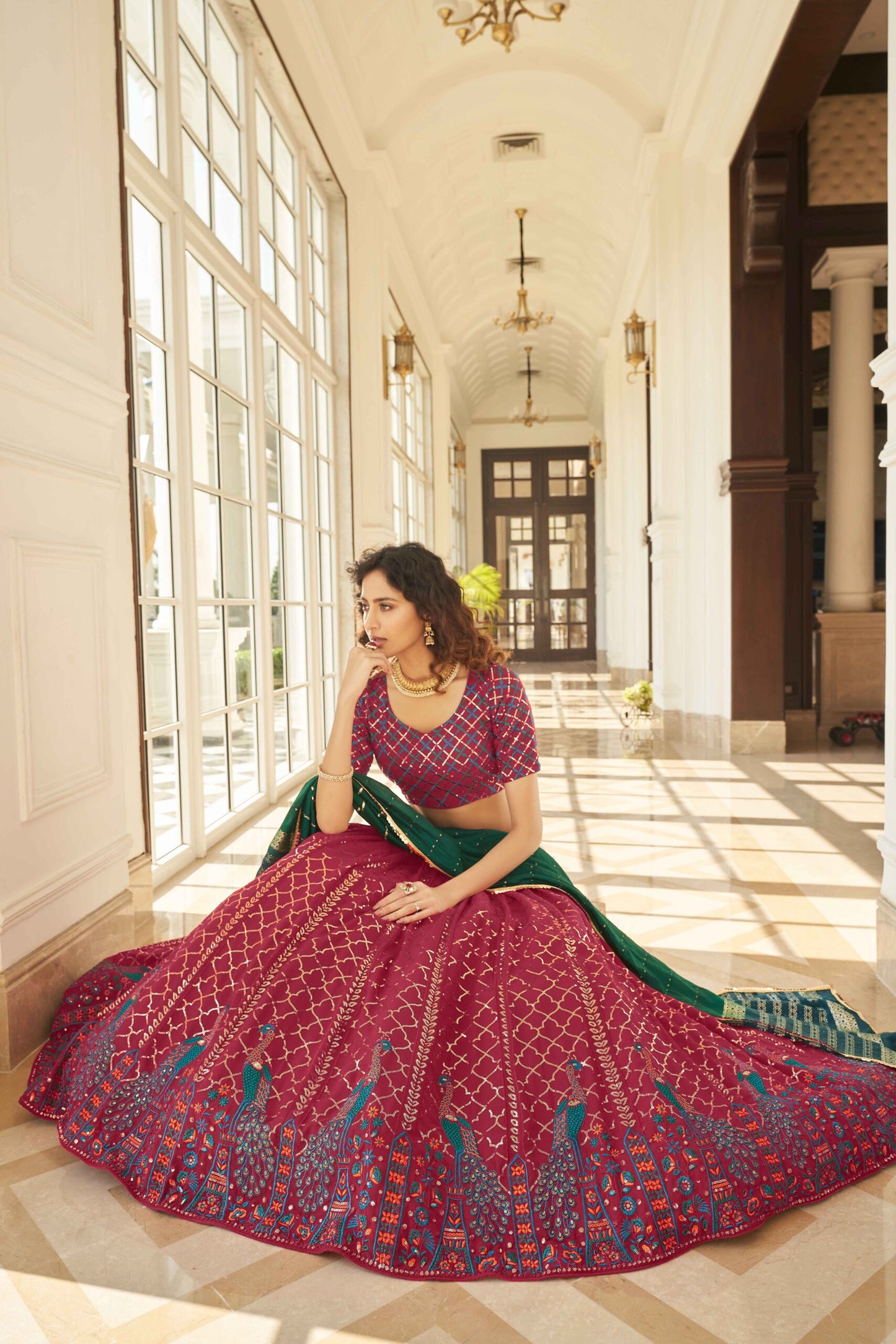 Deep Pink Georgette Thread With Sequince Embroidered Lehenga Choli