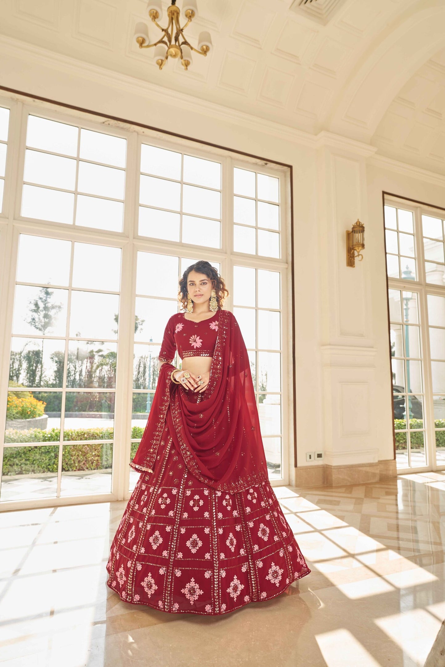 Red Georgette Thread With Sequince Embroidered Lehenga Cholii