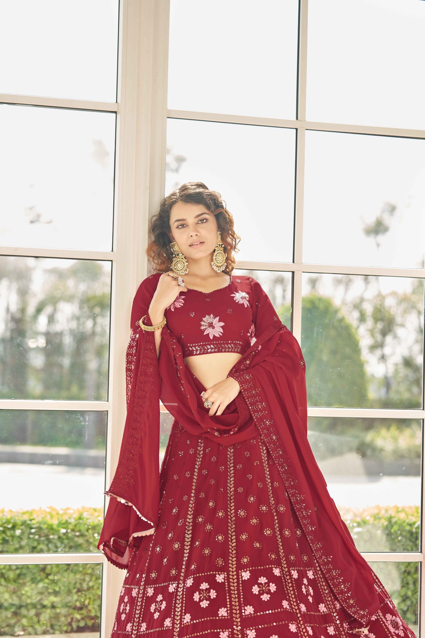 Red Georgette Thread With Sequince Embroidered Lehenga Cholii