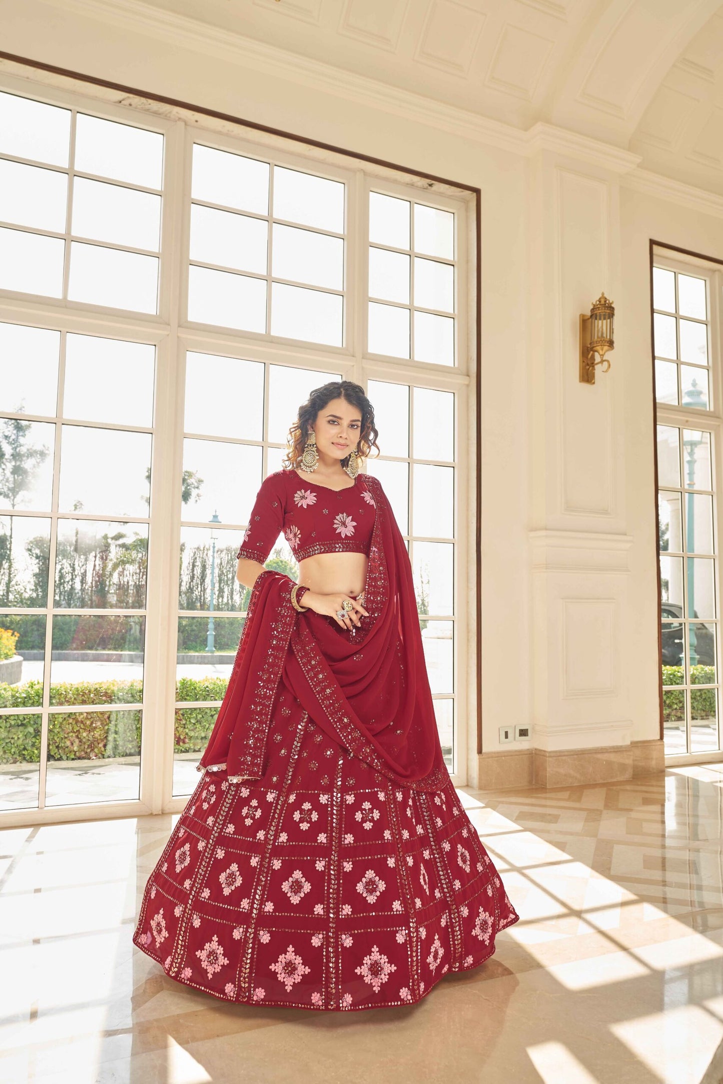 Red Georgette Thread With Sequince Embroidered Lehenga Cholii