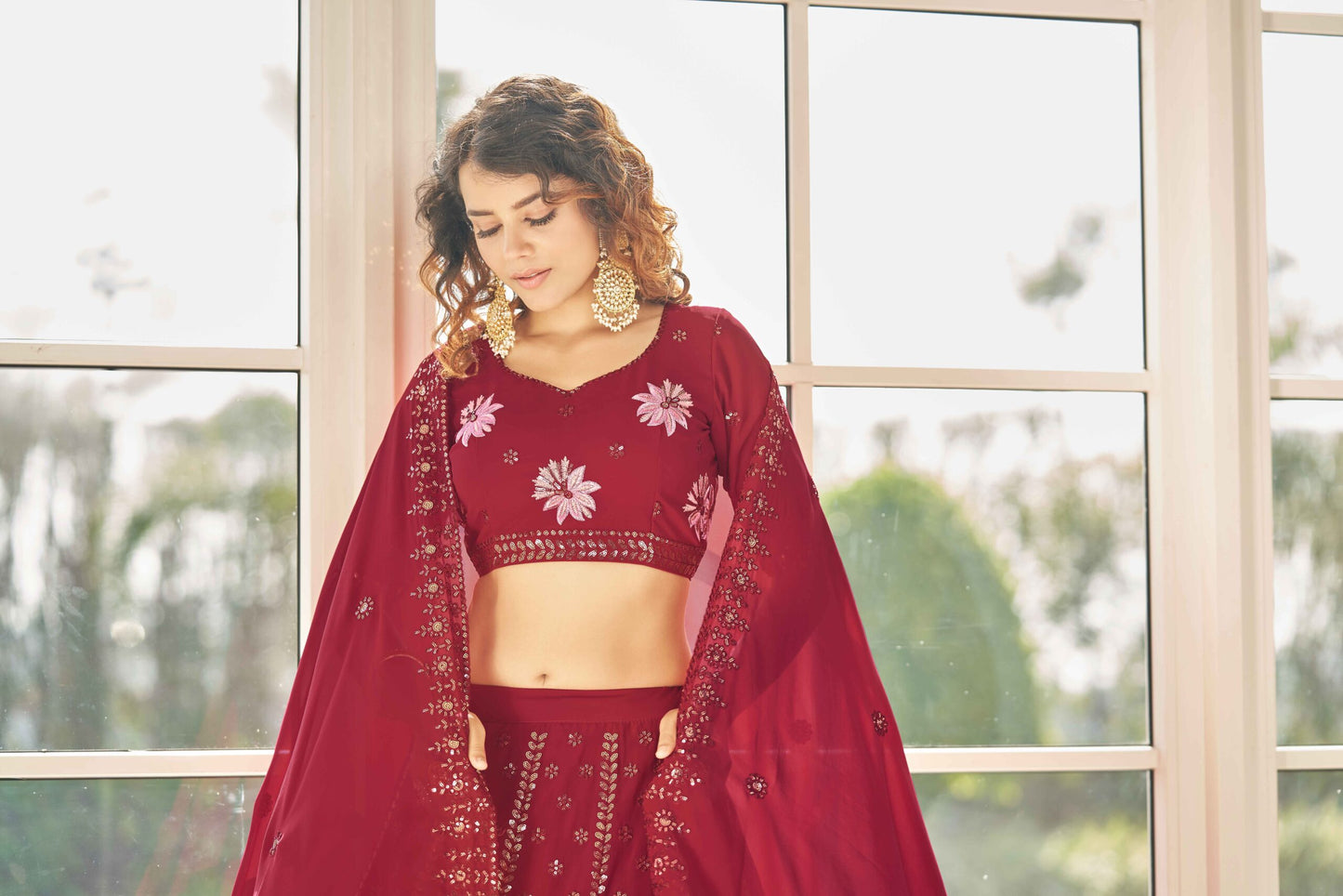 Red Georgette Thread With Sequince Embroidered Lehenga Cholii