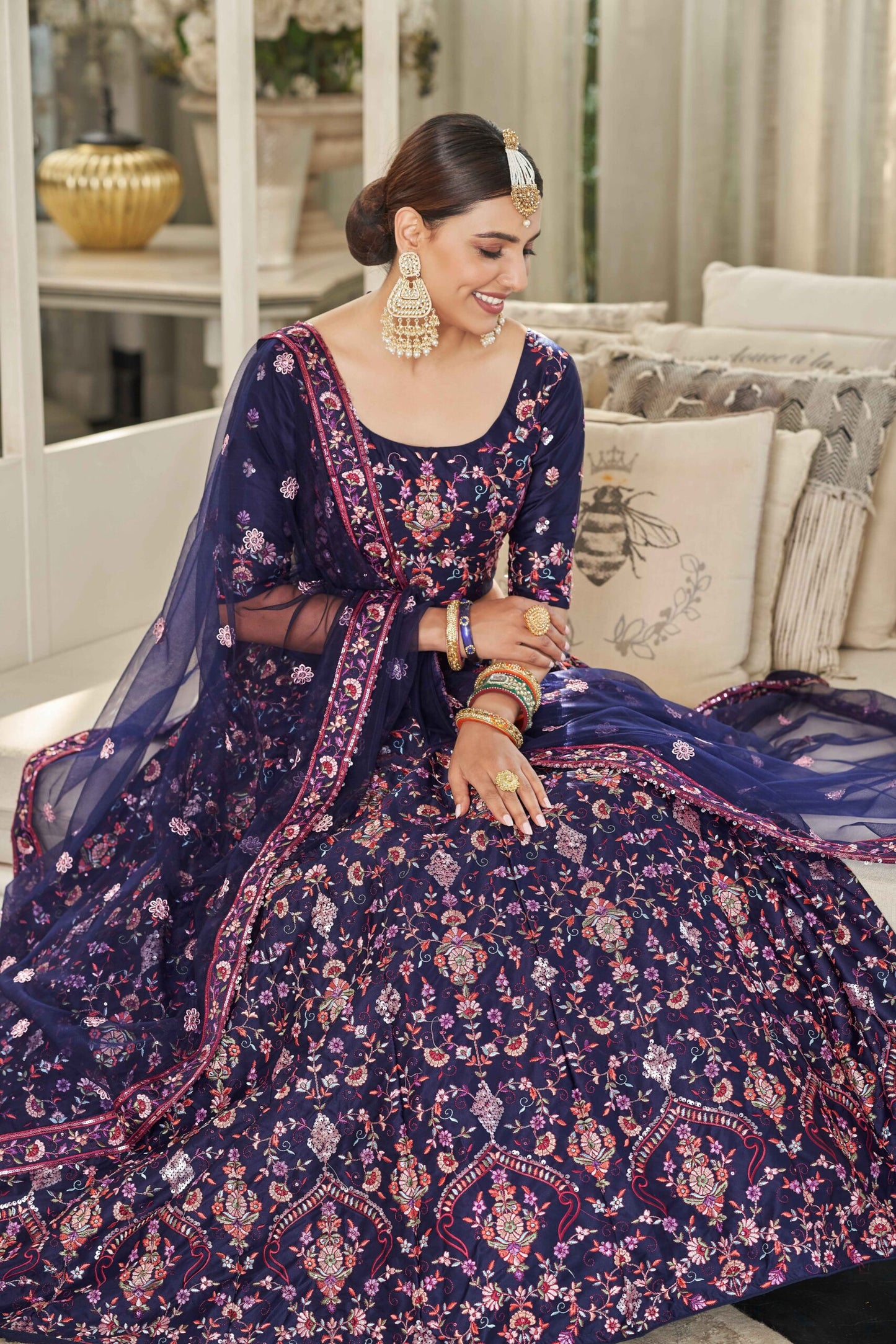 Navy Silk Thread With Multi Sequince Embroidered Lehenga Choli