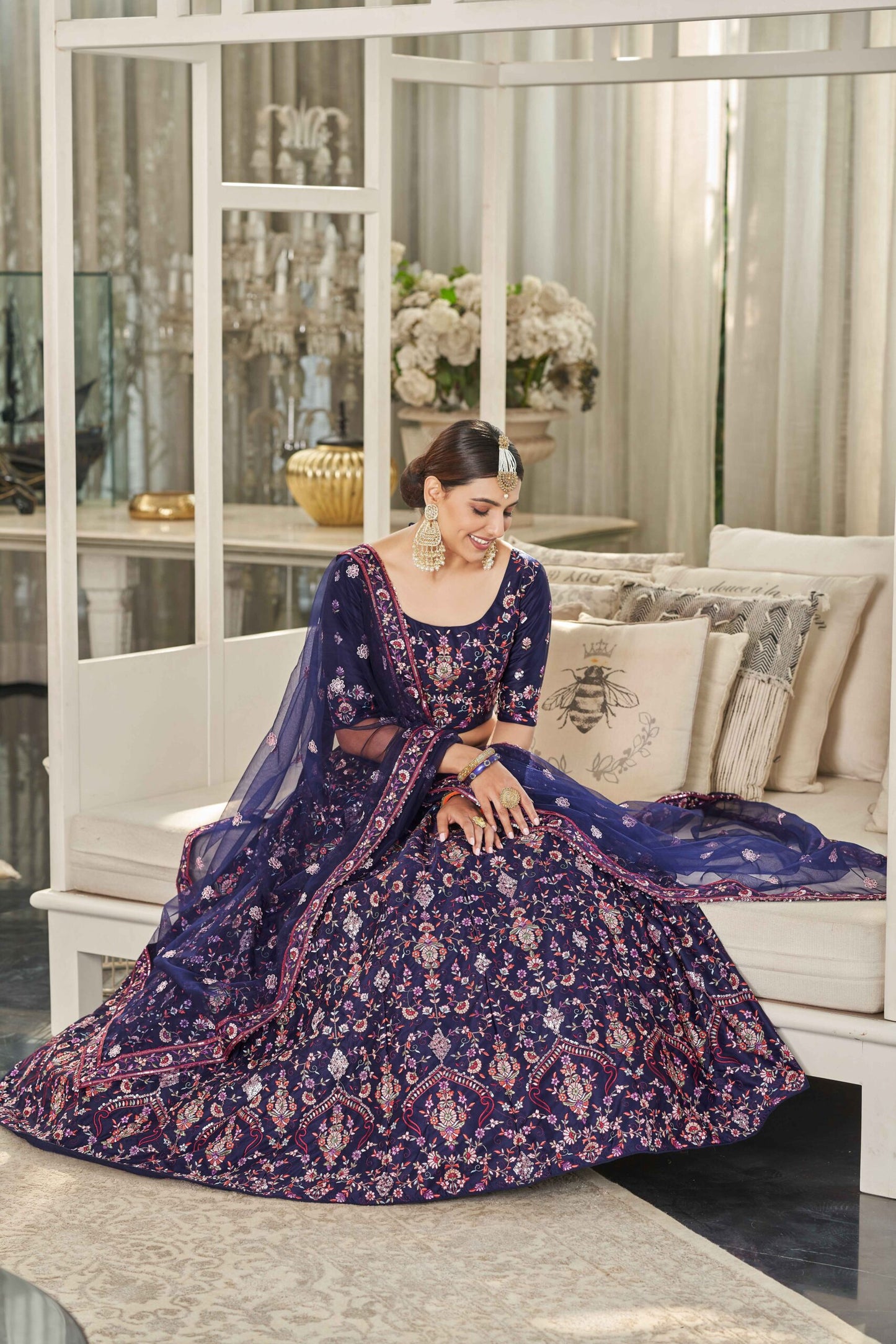 Navy Silk Thread With Multi Sequince Embroidered Lehenga Choli