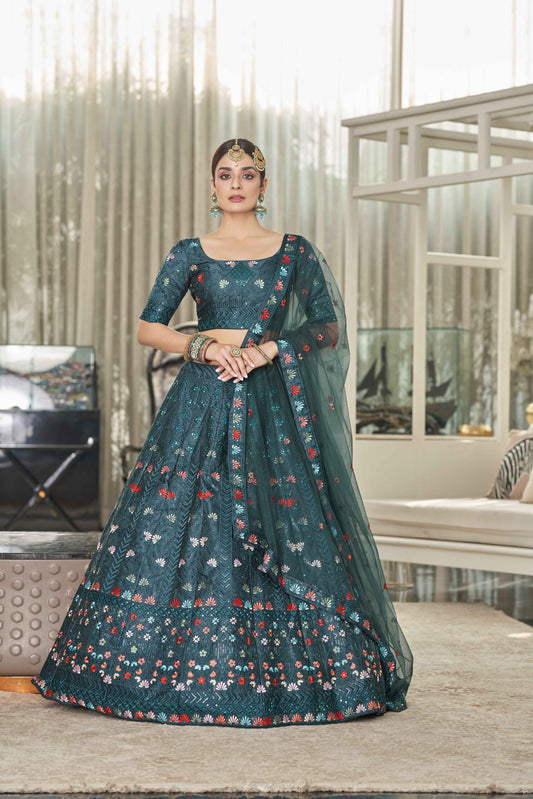 Teal Green Silk Thread With Multi Sequince Embroidered Lehenga Choli