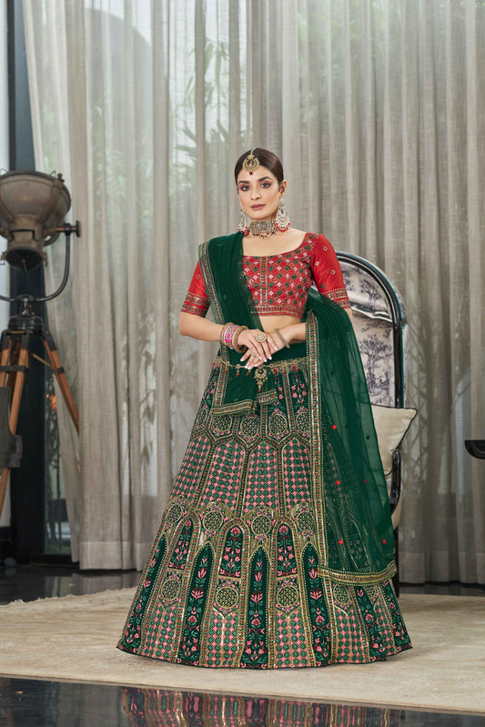 Green Georgette Thread With Multi Sequince Embroidered Stone Pasting Lehenga Choli