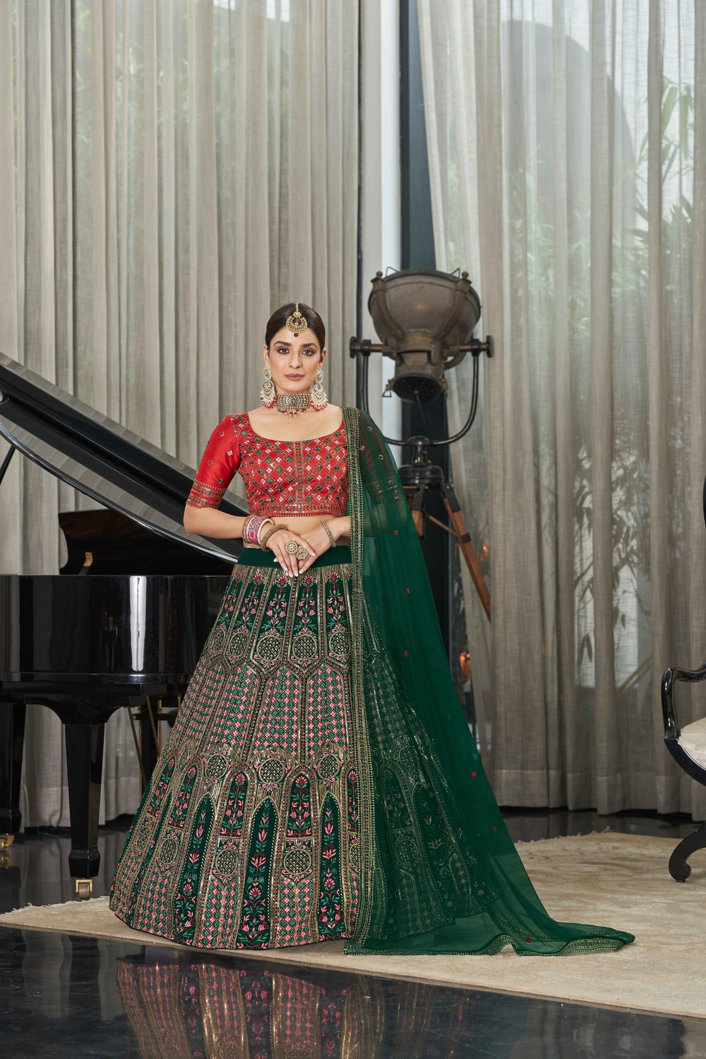 Green Georgette Thread With Multi Sequince Embroidered Stone Pasting Lehenga Choli