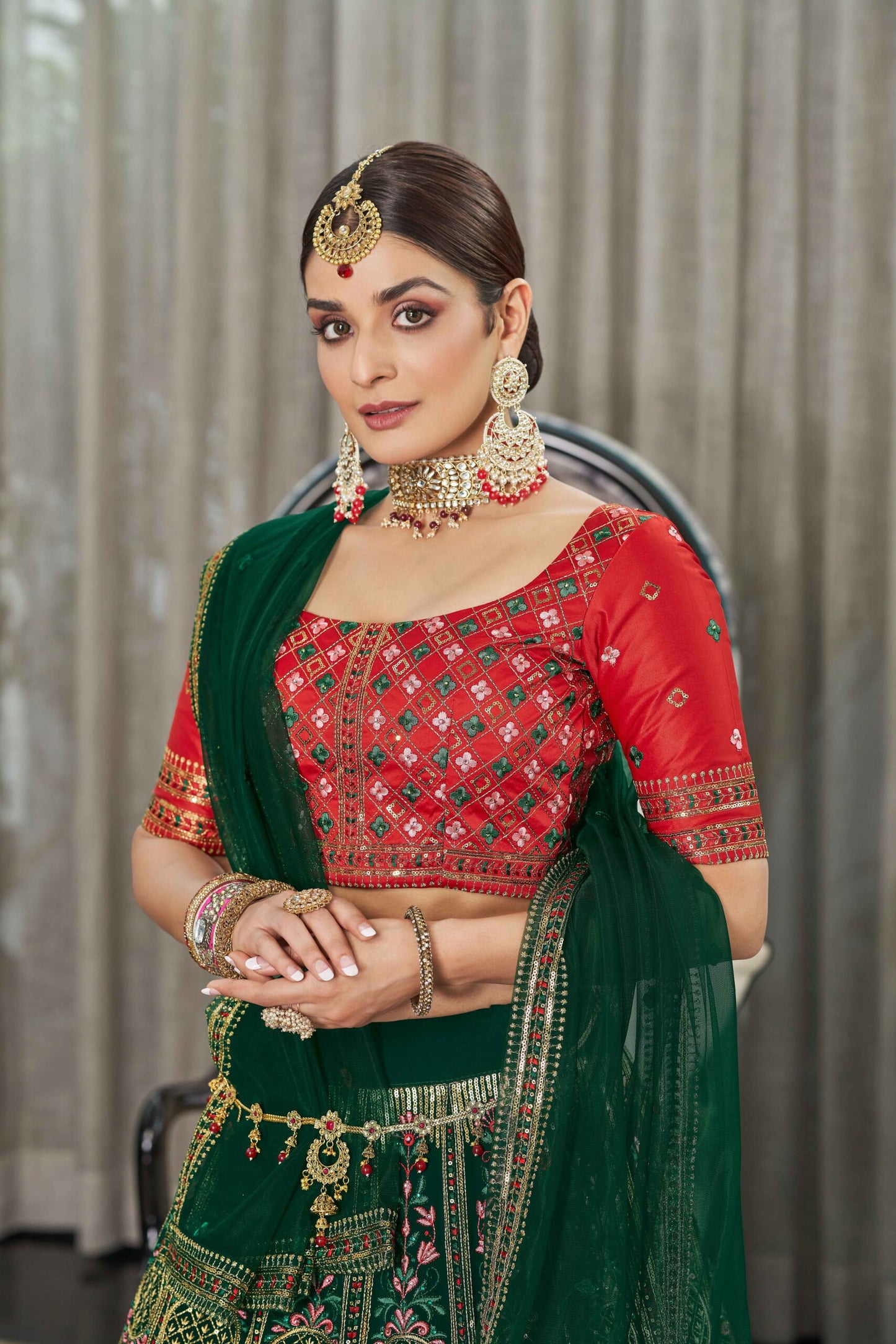 Green Georgette Thread With Multi Sequince Embroidered Stone Pasting Lehenga Choli