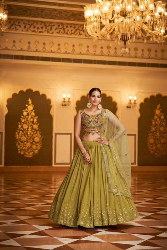 Flouracent Green Georgette Sequins Embroidered Lehenga Choli