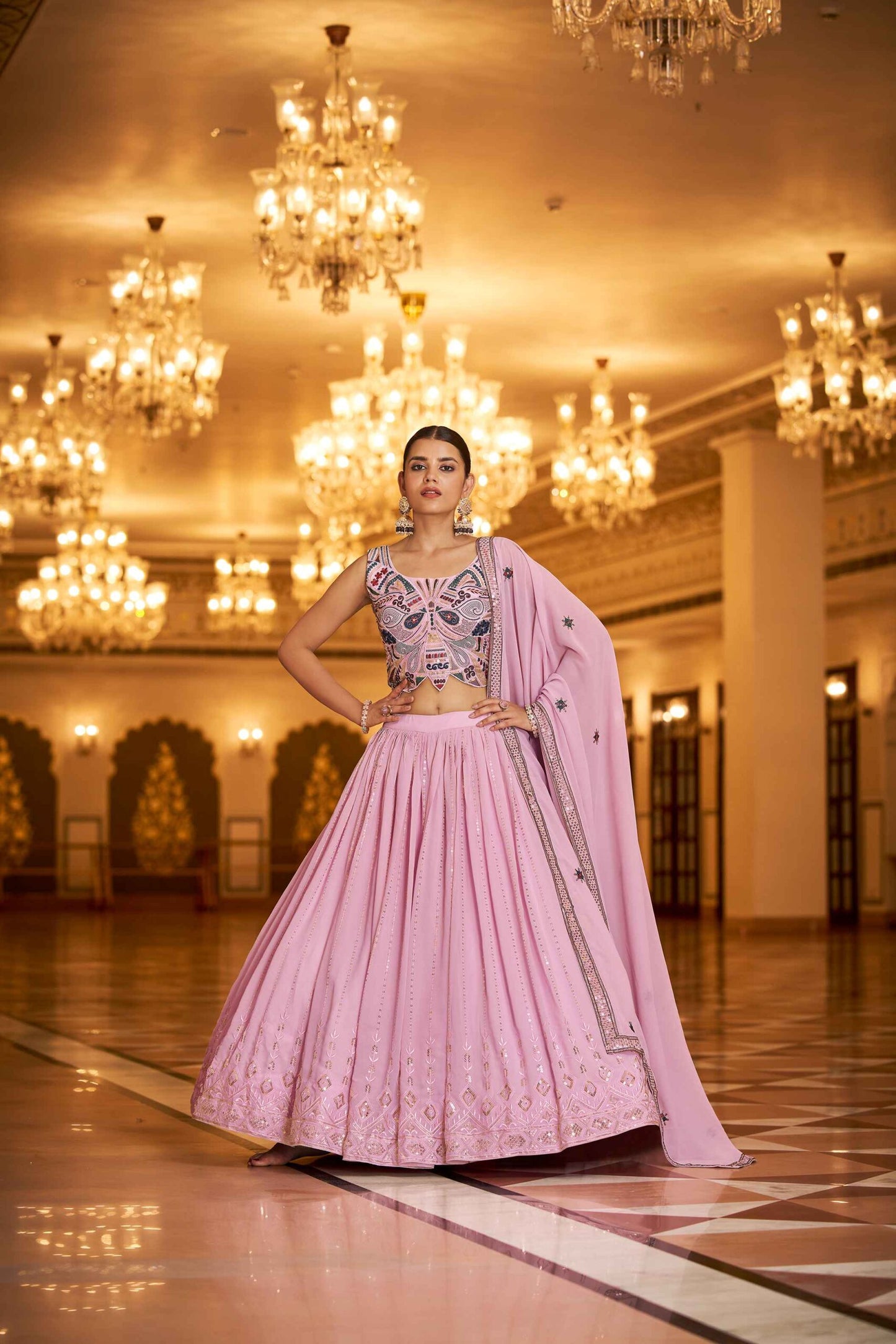 Dusty Pink Georgette Sequins Embroidered Lehenga Choli