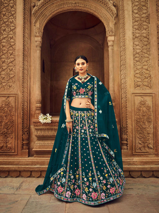 Teal Georgette Thread With Sequince Embroidered Lehenga Choli