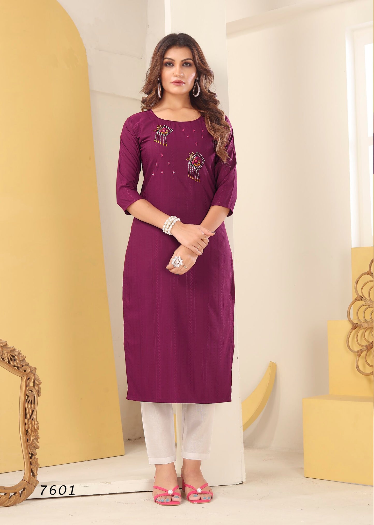 ZEEKHA Women Vision silk with Handmade Embroidery  Straight Kurta  (Wine)