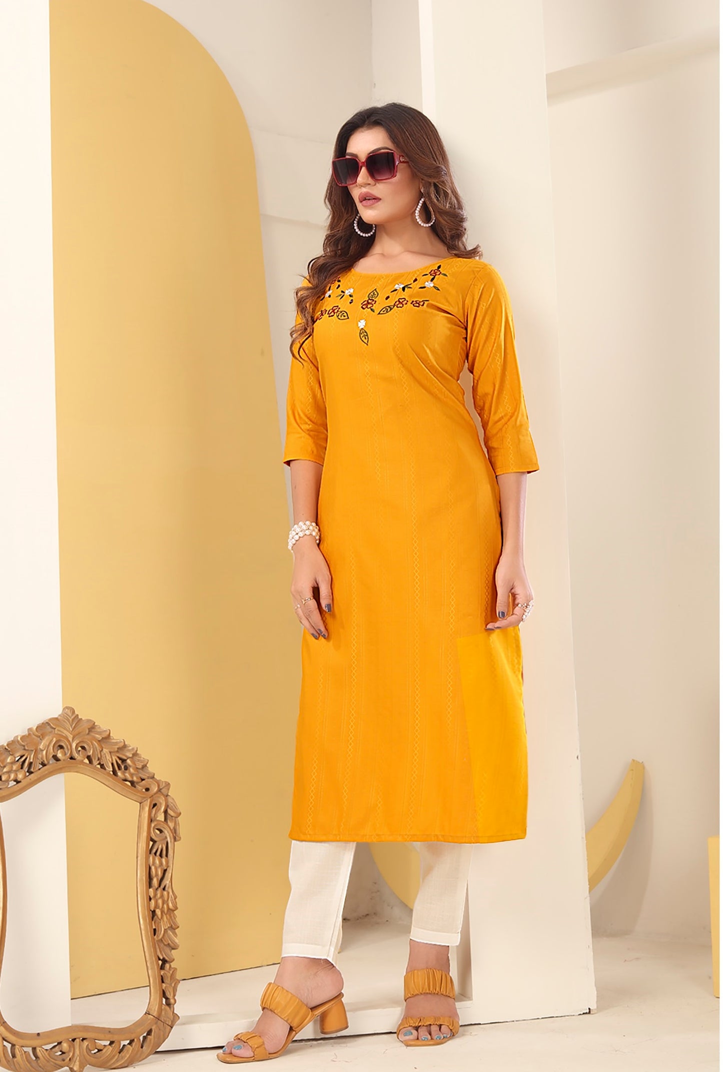 ZEEKHA Women Vision silk with Handmade Embroidery  Straight Kurta  (Mustard)