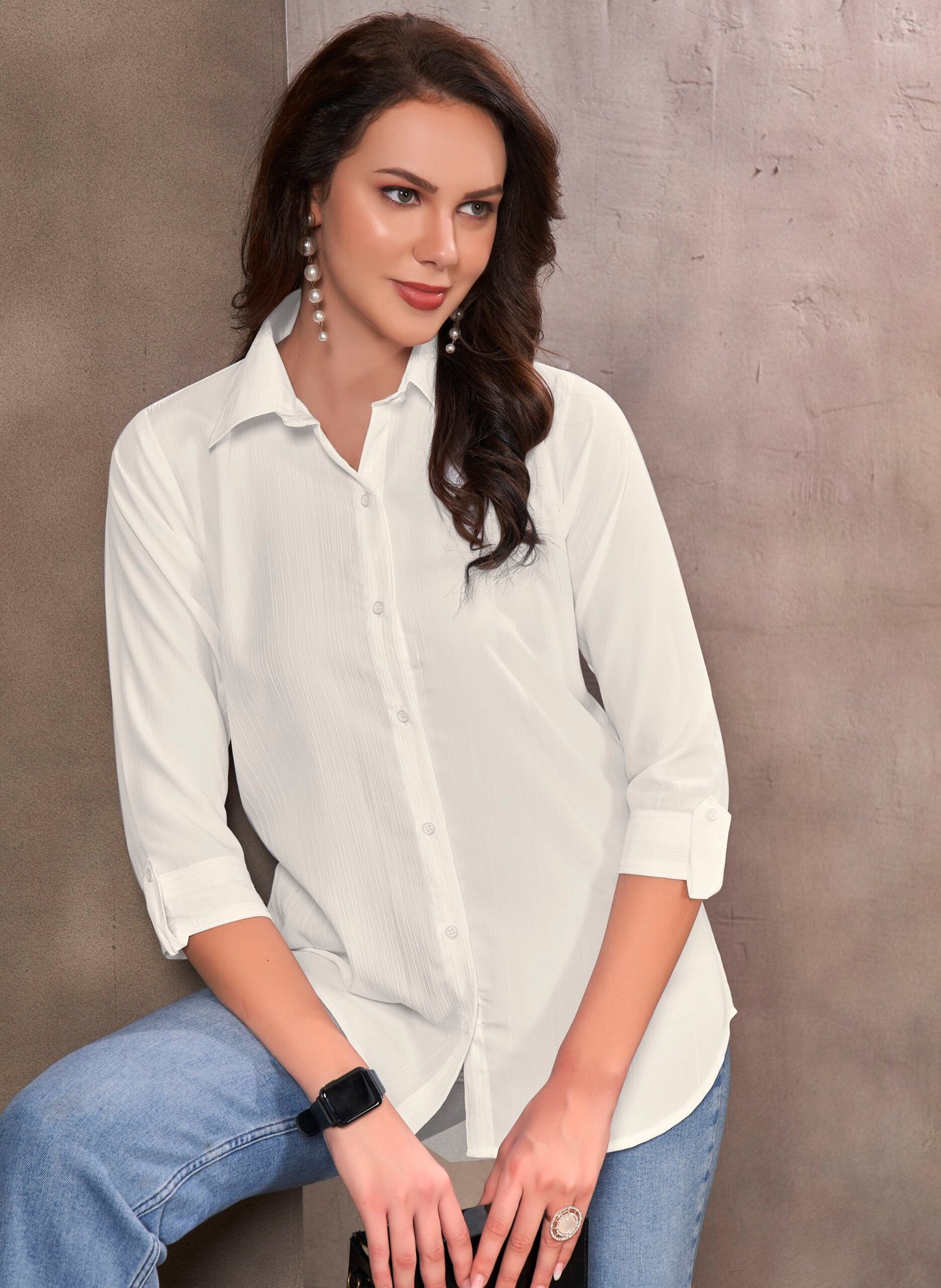 ZEEKHA Women Regular Fit Solid Spread Collar Casual Shirt (White)