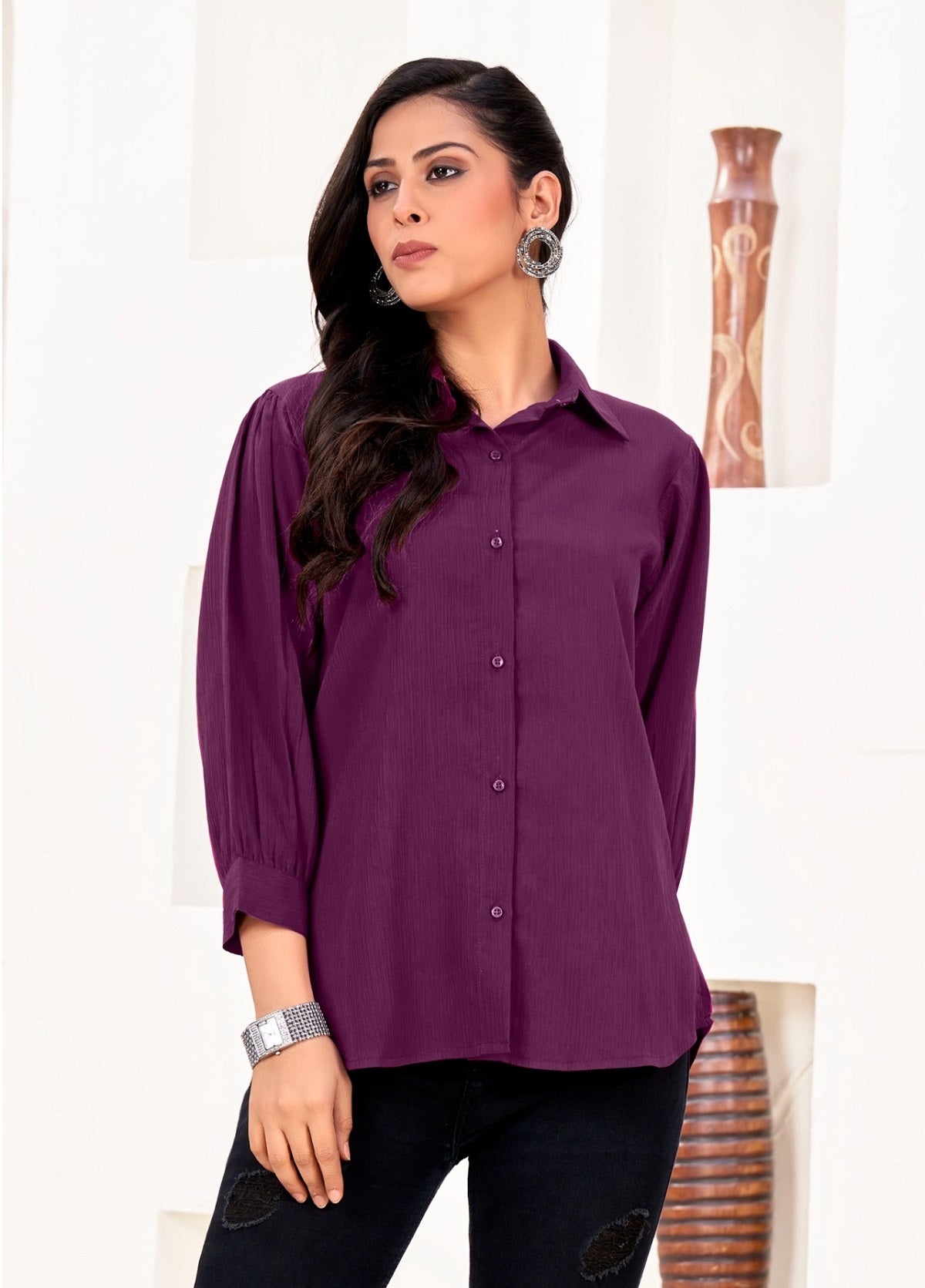 ZEEKHA Women Regular Fit Solid Spread Collar Casual Shirt (Purple)