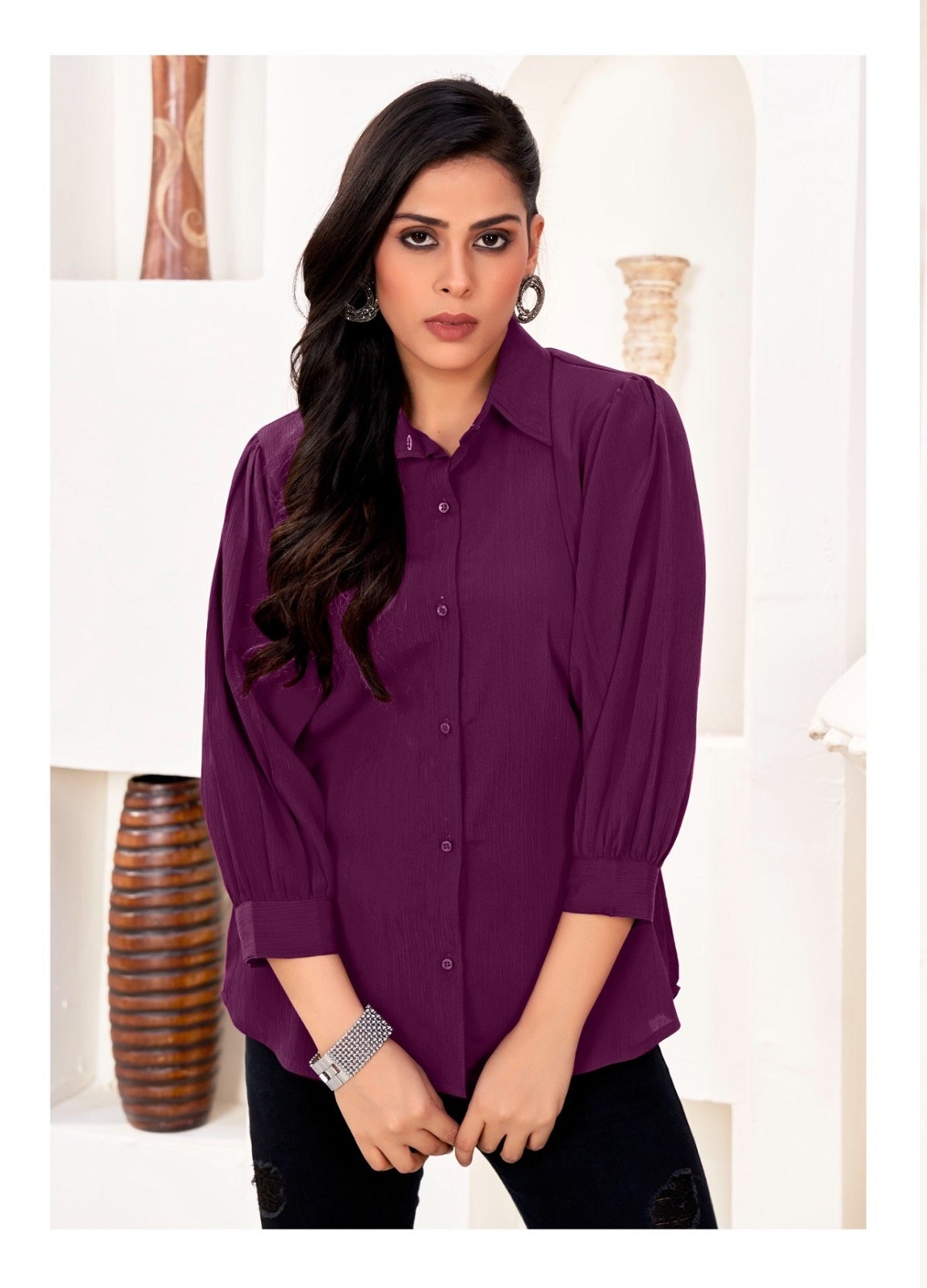 ZEEKHA Women Regular Fit Solid Spread Collar Casual Shirt (Purple)