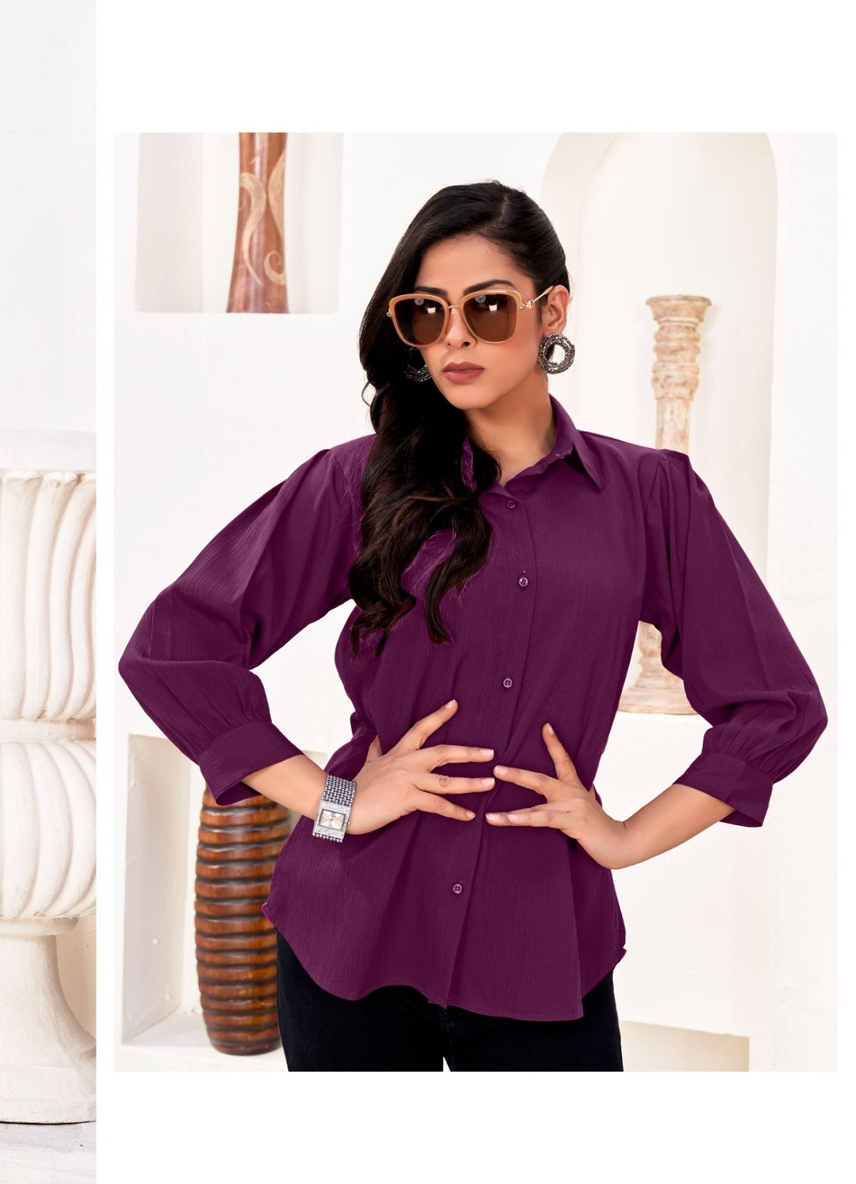 ZEEKHA Women Regular Fit Solid Spread Collar Casual Shirt (Purple)