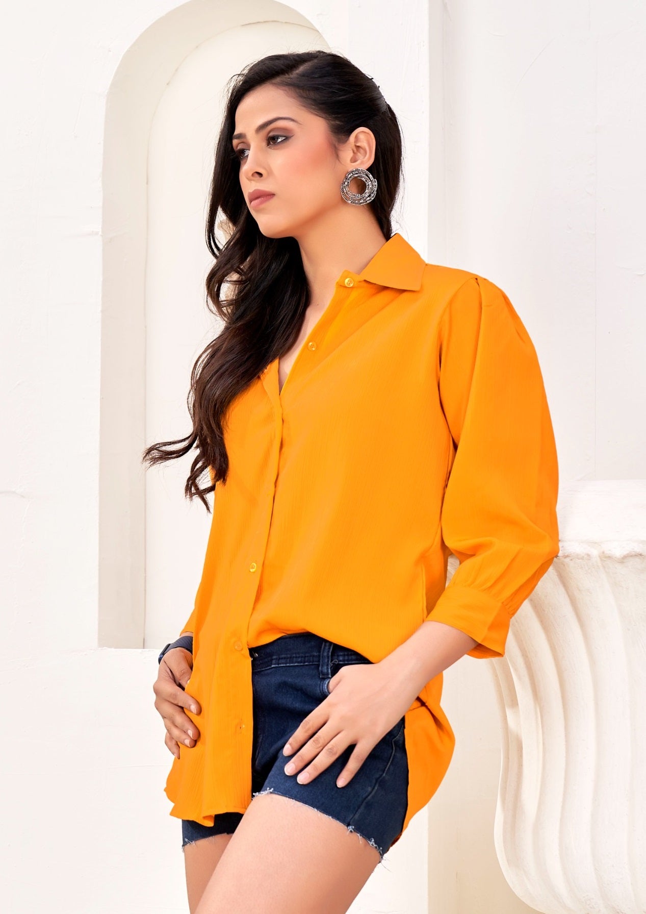 ZEEKHA Women Regular Fit Solid Spread Collar Casual Shirt (Mustard)