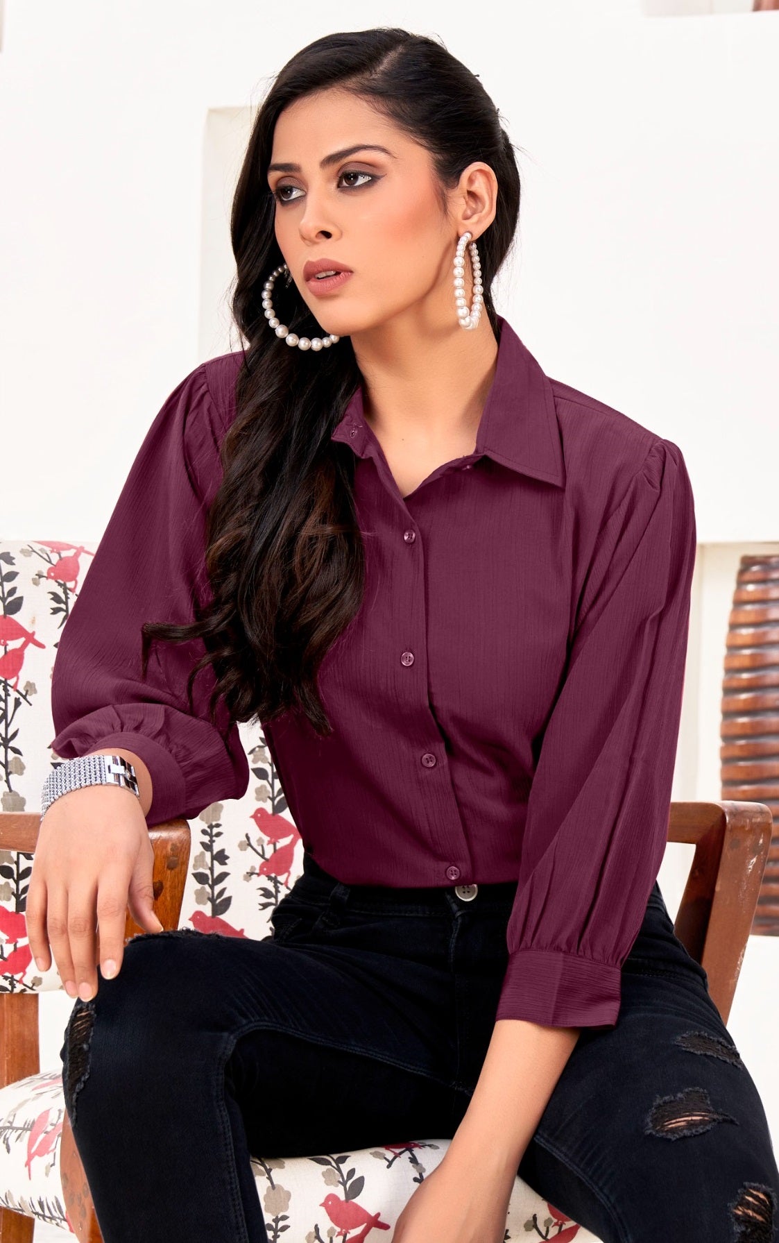 ZEEKHA Women Regular Fit Solid Spread Collar Casual Shirt (Wine)