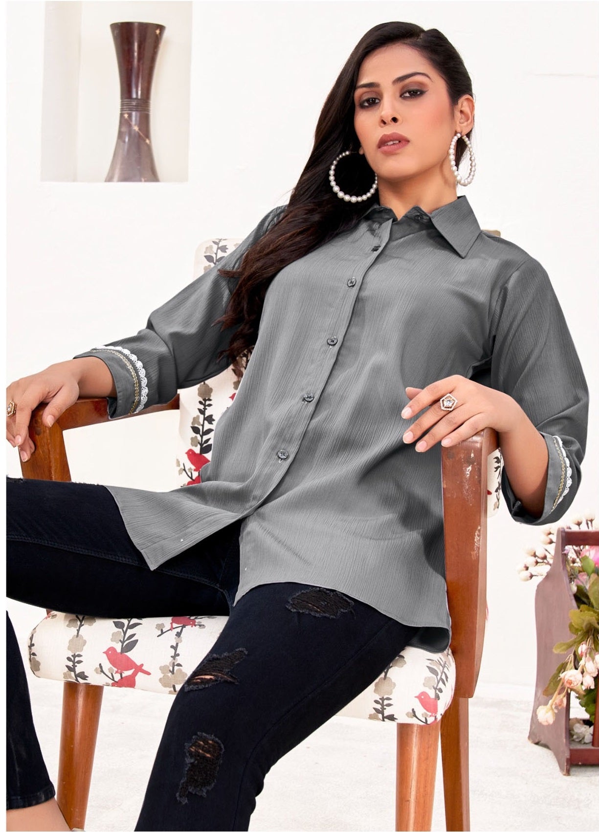 ZEEKHA Women Regular Fit Solid Spread Collar Casual Shirt (Grey)