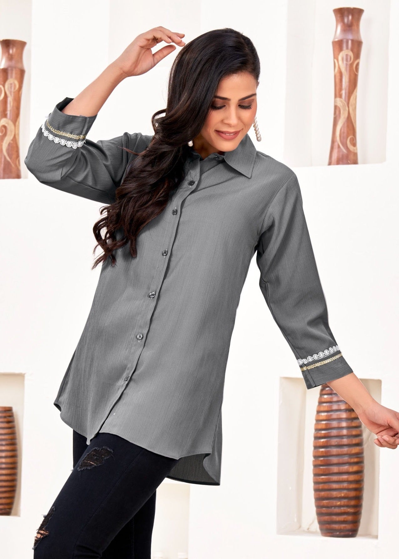 ZEEKHA Women Regular Fit Solid Spread Collar Casual Shirt (Grey)