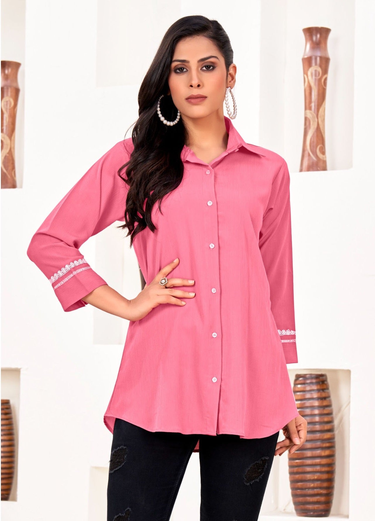 ZEEKHA Women Regular Fit Solid Spread Collar Casual Shirt (Pink)