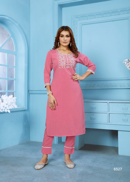 ZEEKHA Women Rinkal Cotton with embroidery work Inner Stiched  Kurta Pant Set (Pink)