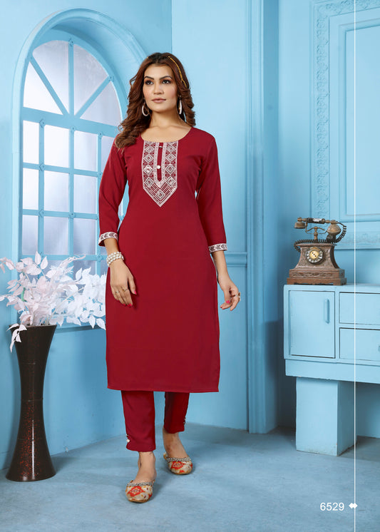 ZEEKHA Women Rinkal Cotton with embroidery work Inner Stiched  Kurta Pant Set (Maroon)