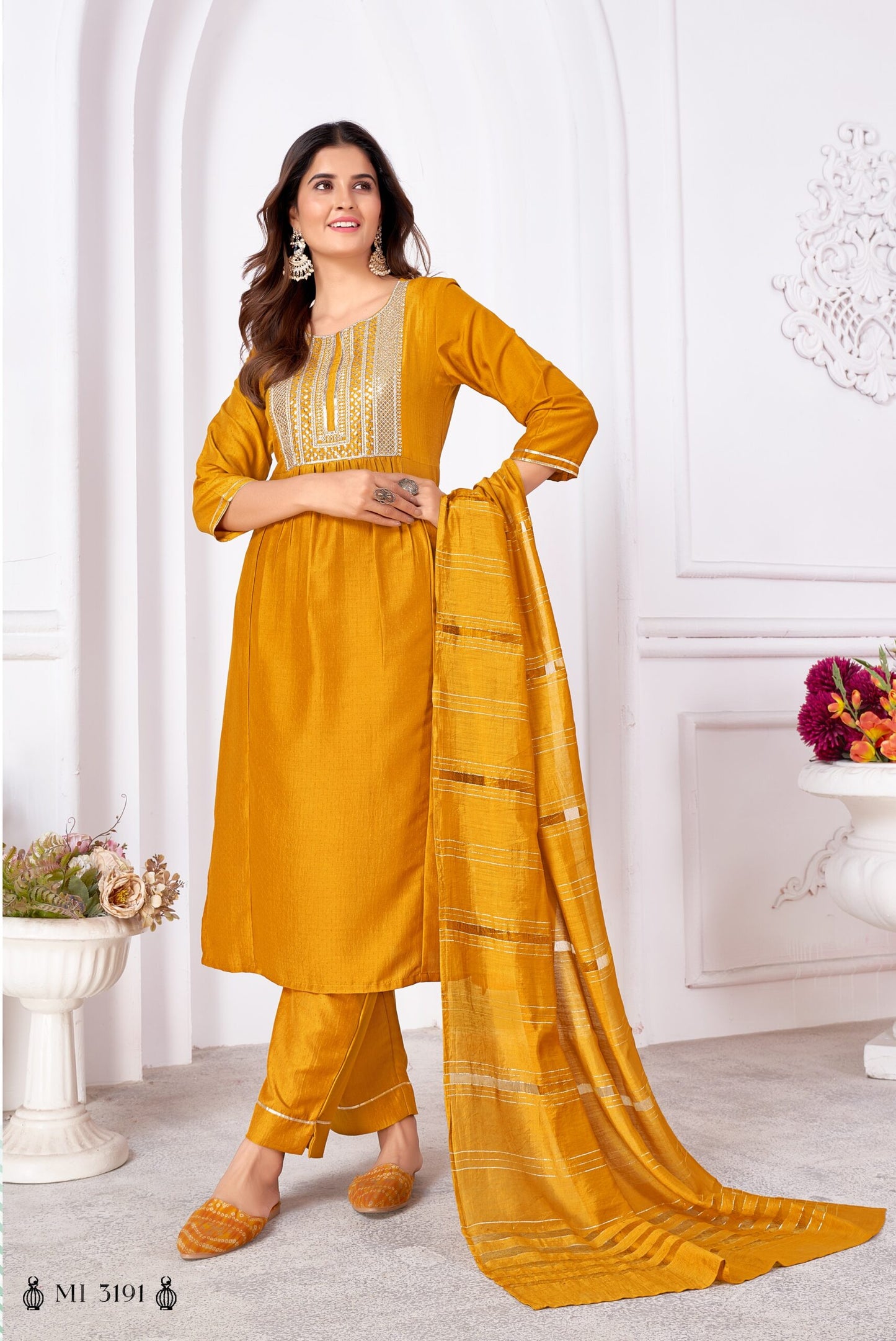 ZEEKHA Women Vertical Silk Heavy sequence embroidery Full stiched Kurta Pant Dupatta Set (Mustard)