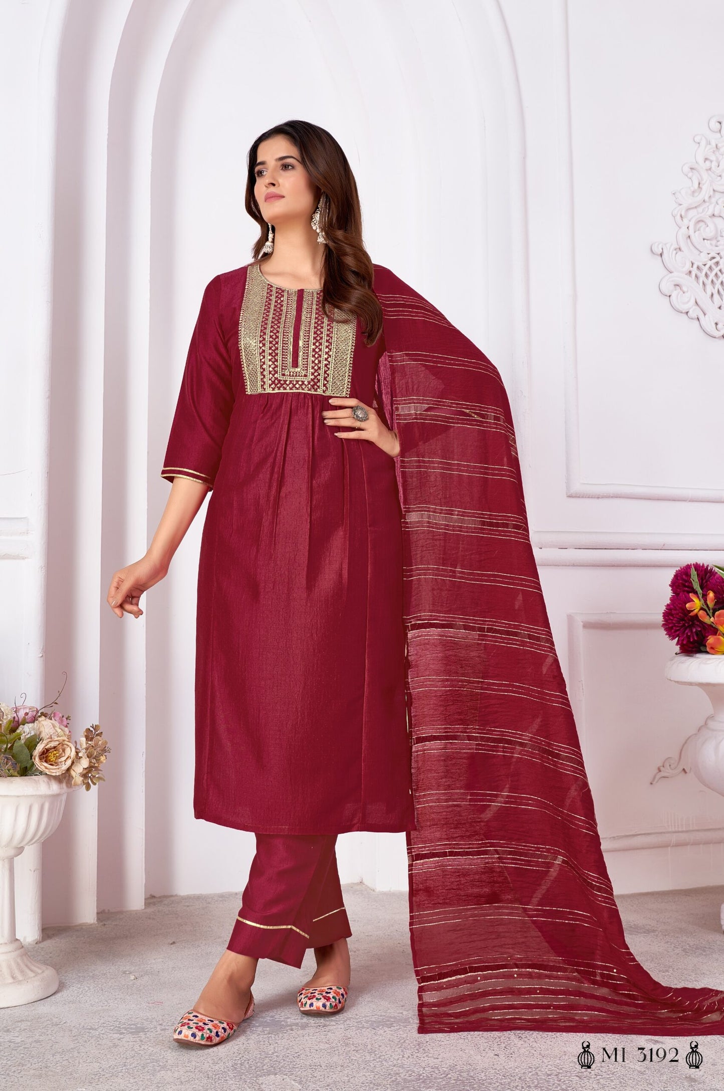 ZEEKHA Women Vertical Silk Heavy sequence embroidery Full stiched Kurta Pant Dupatta Set (Maroon)