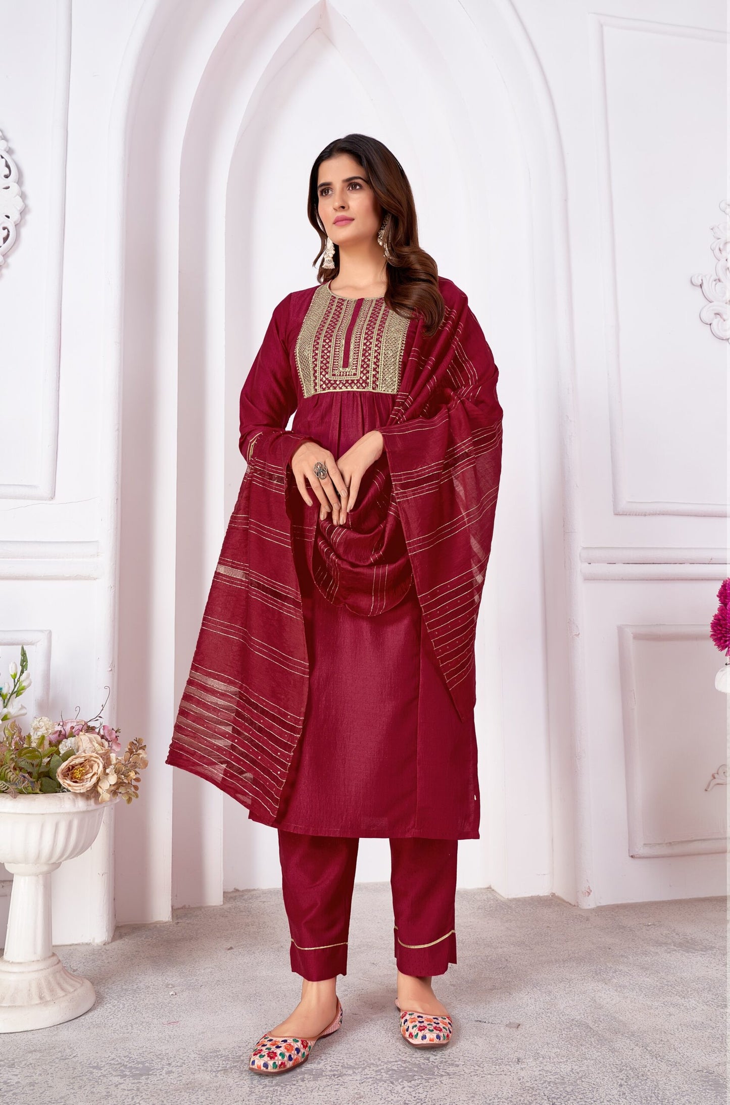 ZEEKHA Women Vertical Silk Heavy sequence embroidery Full stiched Kurta Pant Dupatta Set (Maroon)