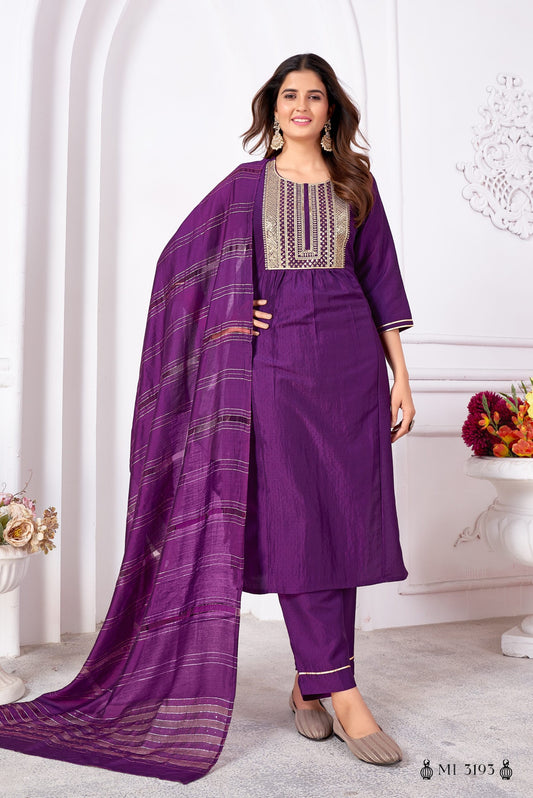 ZEEKHA Women Vertical Silk Heavy sequence embroidery Full stiched Kurta Pant Dupatta Set (Purple)