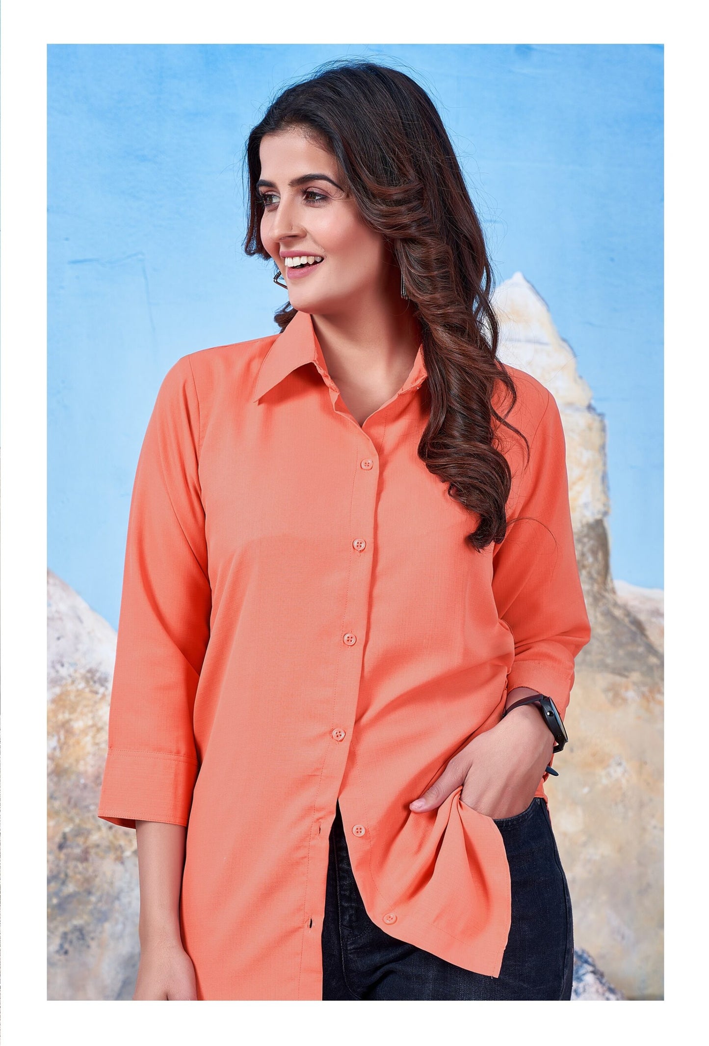 ZEEKHA Women Regular Fit Solid Spread Collar Casual Shirt (Orange)