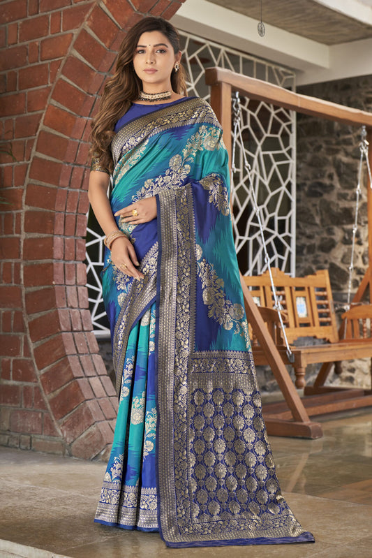 ZEEKHA Woven Banarasi Jacquard Silk Dual Color Laheriya Saree  (Blue-Rama)-ZSEIELK01