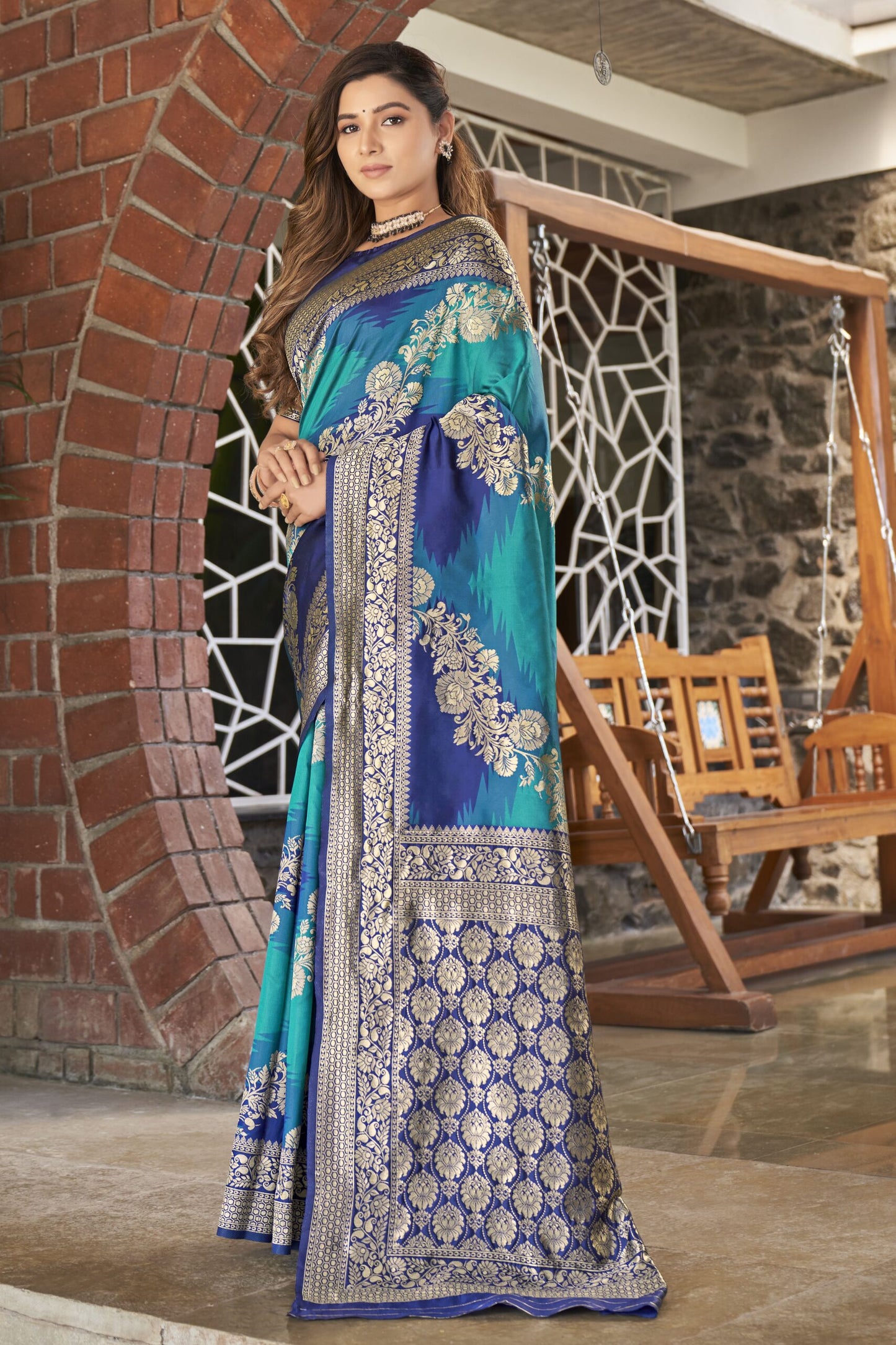 ZEEKHA Woven Banarasi Jacquard Silk Dual Color Laheriya Saree  (Blue-Rama)-ZSEIELK01