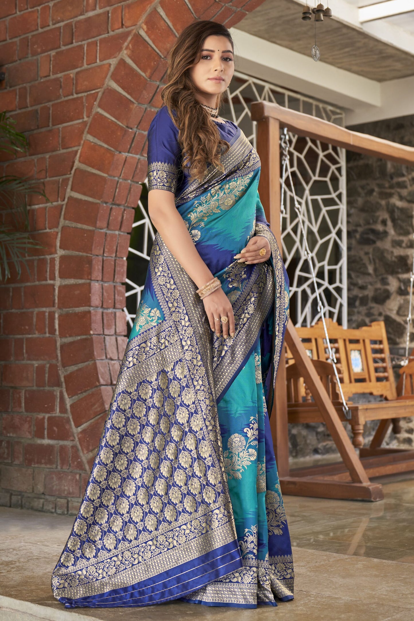 ZEEKHA Woven Banarasi Jacquard Silk Dual Color Laheriya Saree  (Blue-Rama)-ZSEIELK01