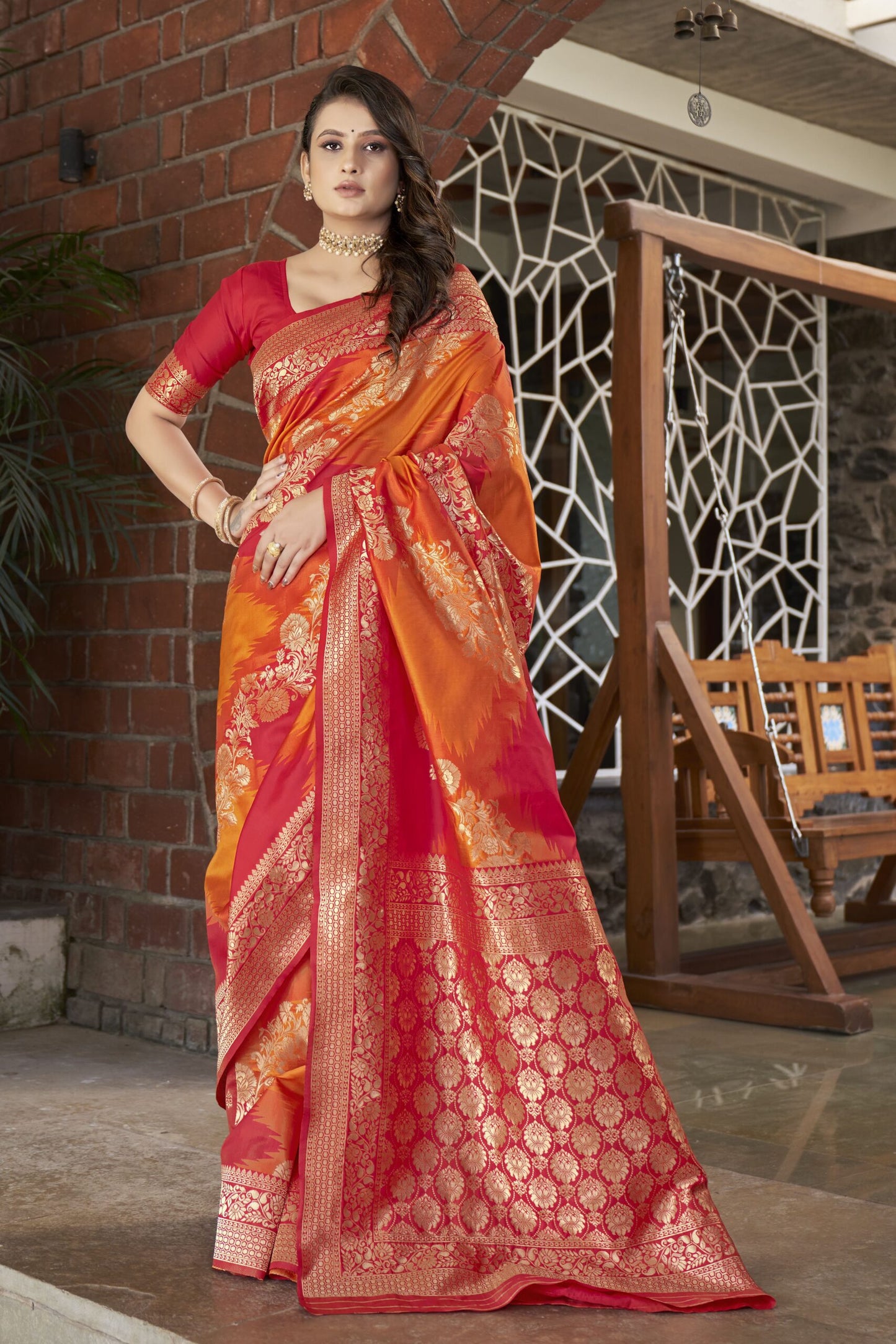 ZEEKHAWoven Banarasi Jacquard Silk Dual Color Laheriya Saree  (Red-Orange)-ZSEIELK01