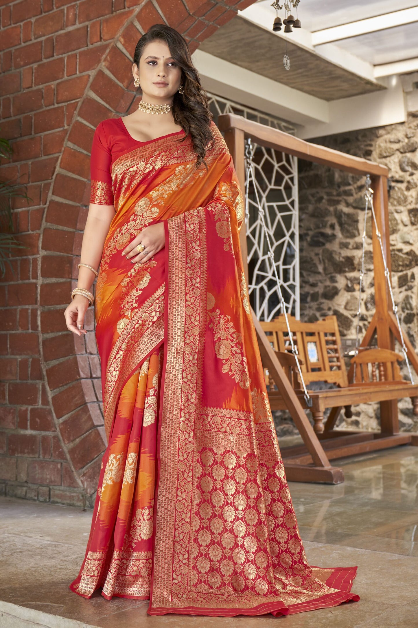 ZEEKHAWoven Banarasi Jacquard Silk Dual Color Laheriya Saree  (Red-Orange)-ZSEIELK01