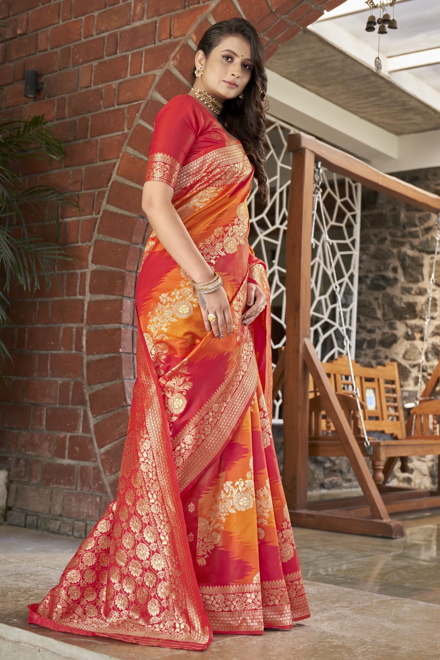 ZEEKHAWoven Banarasi Jacquard Silk Dual Color Laheriya Saree  (Red-Orange)-ZSEIELK01