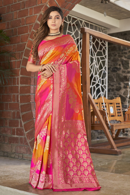 ZEEKHAWoven Banarasi Jacquard Silk Dual Color Laheriya Saree (Pink-Orange)-ZSEIELK01