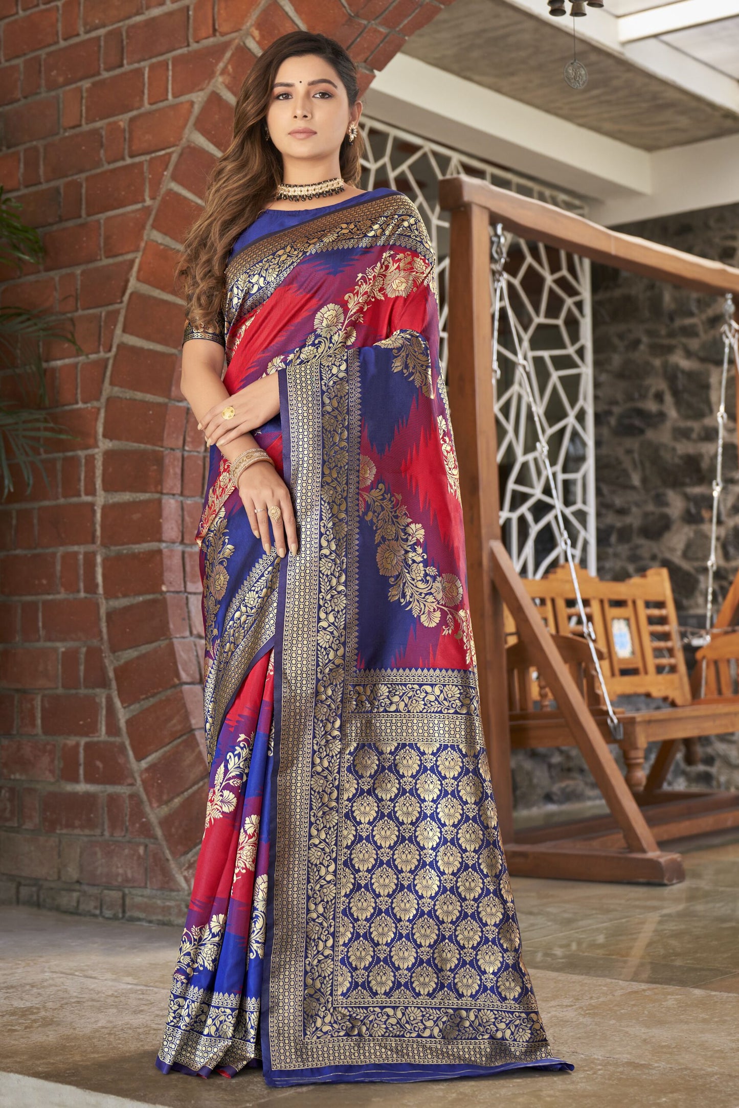 ZEEKHA Woven Banarasi Jacquard Silk Dual Color Laheriya Saree (Blue-Red)-ZSEIELK01