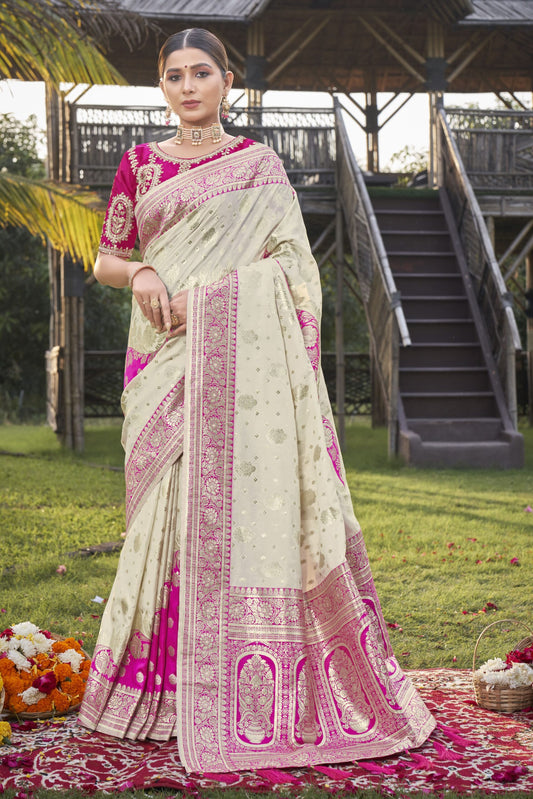 ZEEKHA Woven Kanjivaram Jacquard Silk Dual Color Withe Embroidery Work blouse Saree (Pink)-ZSEIELK01