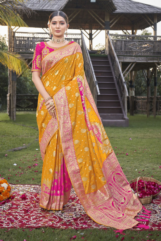 ZEEKHA Woven Kanjivaram Jacquard Silk Dual Color Withe Embroidery Work blouse Saree (Mustard)-ZSEIELK01