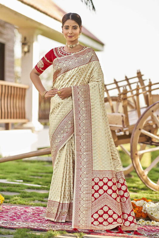 ZEEKHA Woven Kanjivaram Jacquard Withe Embroidery Work blouse  Saree  (White)-ZSEIELK01