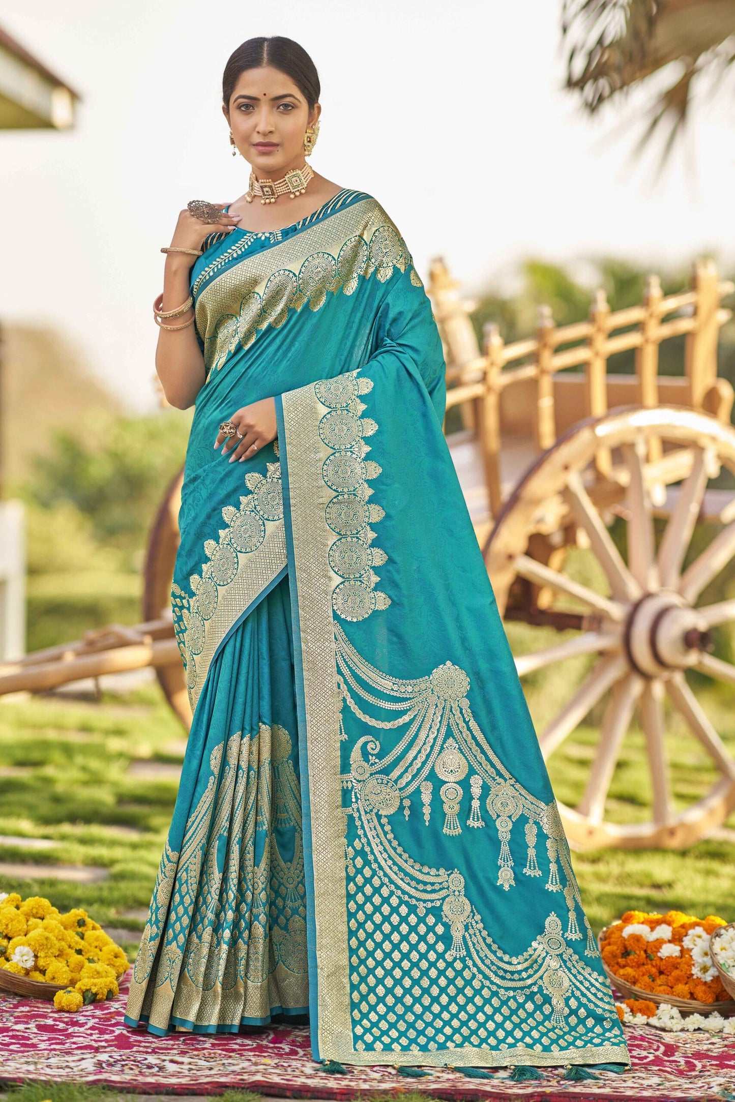 ZEEKHA Woven Banarasi Jacquard Withe Embroidery Work blouse  Saree  (Blue)-ZSEIELK01